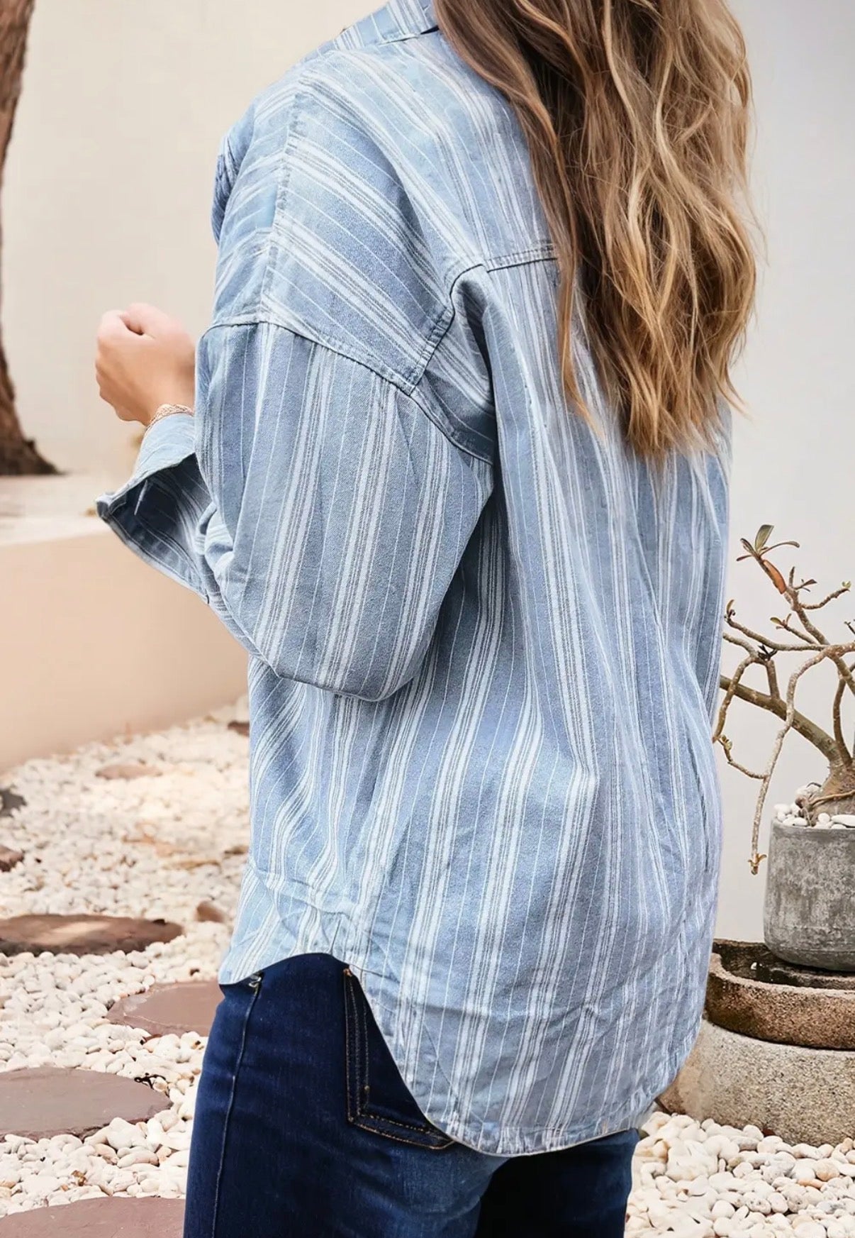 STRIPED DENIM BUTTON UP